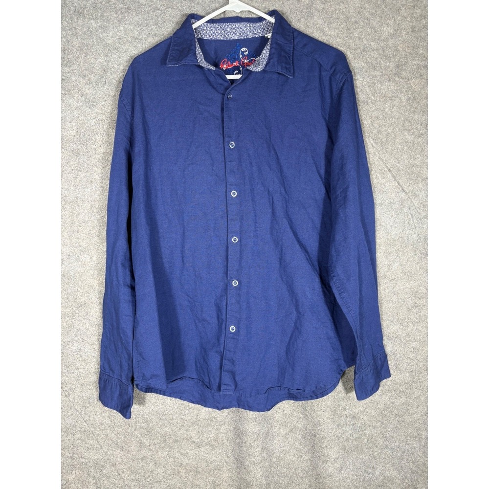 Robert Graham Mens XL Classic Fit Navy Blue Linen Cotton Long Sleeve Shirt